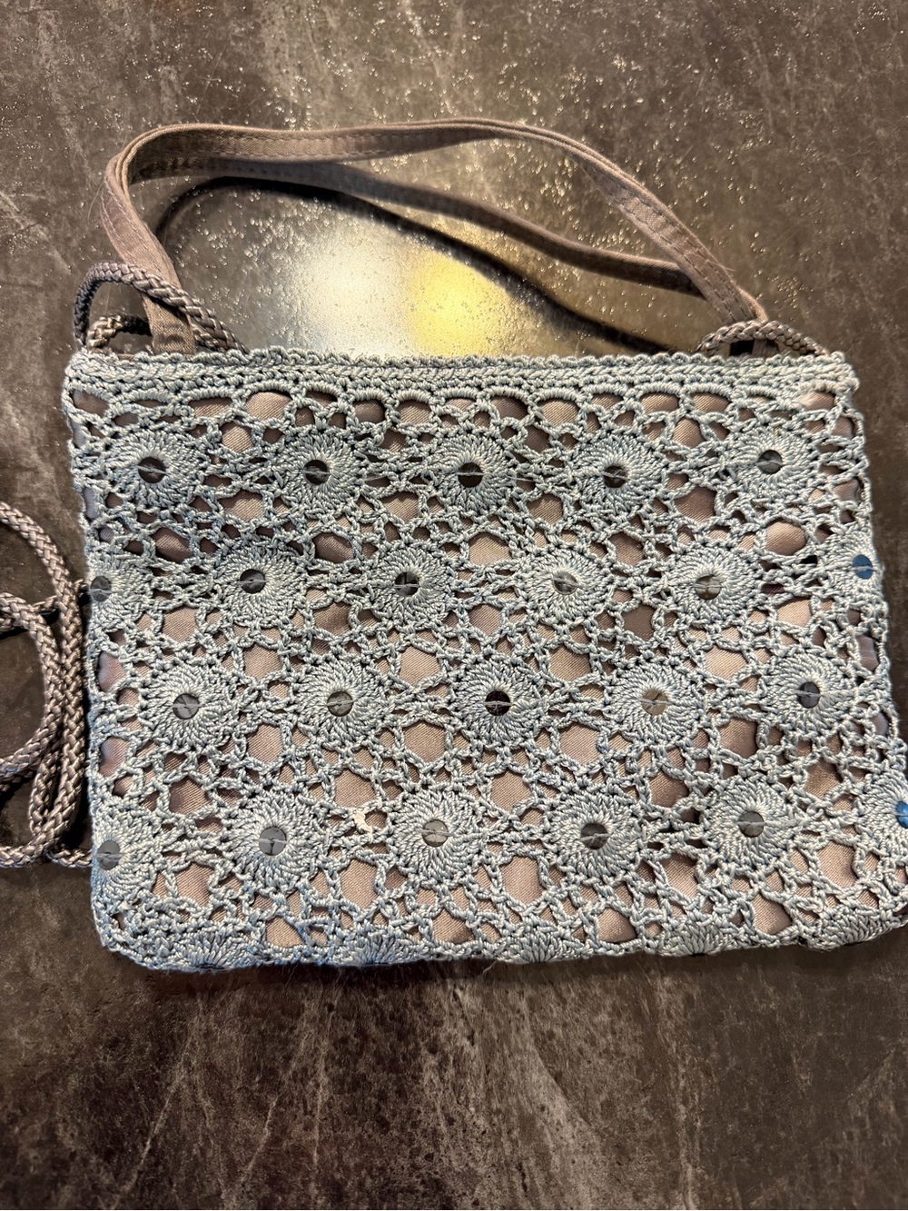 Crochet Overlay Crossbody Bag in Dusty Blue